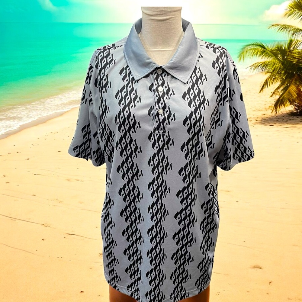 Dezigns By Kamohoalii Hawaiian Print Gray Black Polo Golf Shirt Mens Small